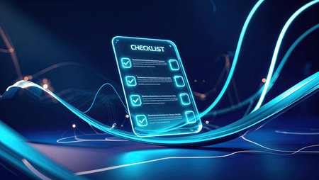 A glowing checklist appears in neon blue, set against a dark blue background. The illuminated lines provide a sense of depth, suggesting a high-tech atmosphere, perfect for digital organization.の素材