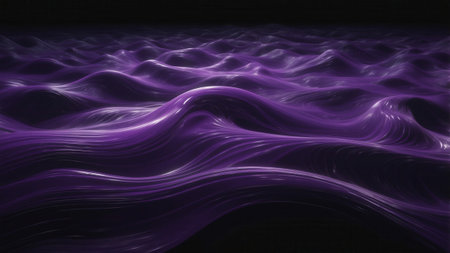Gentle undulating purple waves ripple across a vast expanse, reflecting soft light as they blend into the dark backdrop. The serene atmosphere evokes a sense of calm and mystery.の素材