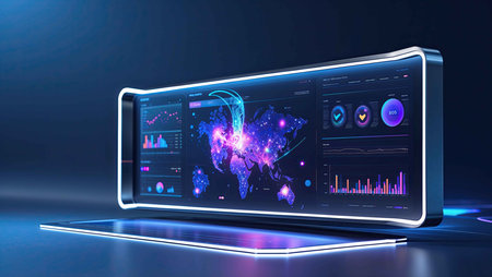 A sleek digital workspace features an interactive display, highlighting global data analytics with vibrant graphics and charts. The futuristic setup enhances data visualization and analysis.の素材