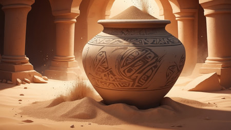 A beautifully crafted pottery jar sits in a sand-covered area, illuminated by soft sunlight filtering through ancient columns, creating a serene atmosphere.の素材