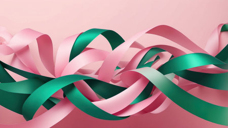 Colorful ribbons in shades of pink and green twist together on a soft pink surface, creating a festive look perfect for decorations, gifts, or crafts. The smooth texture adds elegance and cheer.の素材