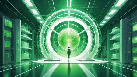 A lone figure stands in a high-tech laboratory, illuminated by a vibrant green energy core.の素材