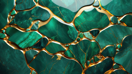 Rich green marble features intricate golden patterns and veins, providing a stylish and opulent aesthetic. Perfect for backgrounds, artworks, or upscale decor items.の素材