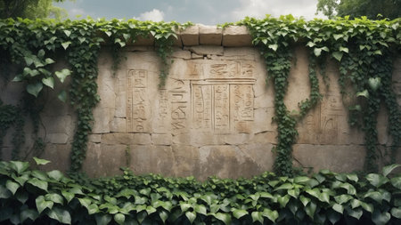 Vines climb over an ancient stone wall featuring intricate hieroglyphs. This scene captures the beauty of nature reclaiming history under a bright sky.の素材