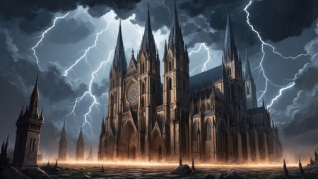 Dramatic scene unfolds as fierce lightning strikes illuminate a gothic cathedral on a stormy night. The dark clouds create an ominous atmosphere around the tall spires.の素材