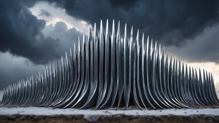 A striking sculpture made of oversized forks dominates a stark landscape. Dark clouds loom overhead, creating a moody atmosphere as dusk approaches.の素材