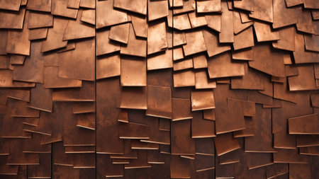 Layers of bronze plates create a striking textured wall in a contemporary interior design setting. The unique pieces reflect light, enhancing the modern exhibit atmosphere.の素材