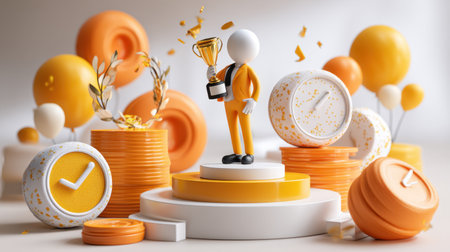 A figurine in an orange suit proudly holds a trophy atop a podium. Surrounding are orange decorations, including clocks and circular designs, enhancing the festive atmosphere.の素材