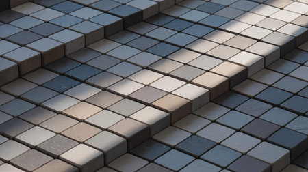 A series of square tiles in varying shades of gray and beige create a captivating pattern on a staircase. Natural light casts shadows, highlighting the textures and design.の素材