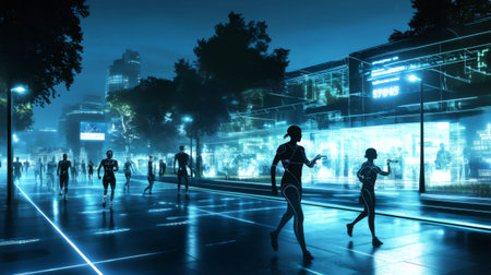 Futuristic cityscape at night with people running and digital information overlay, showcasing augmented reality, metaverse, and digital twin technologyの素材