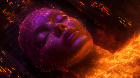 3D illustration of a glowing digital female face merging with an orange futuristic technological background, symbolizing the integration of humans and technologyの素材