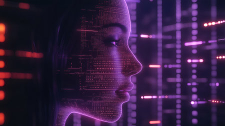 Glowing binary code forming a female face, symbolizing artificial intelligence, machine learning, and technological advancementの素材