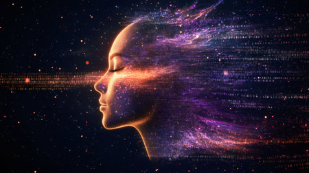 Artificial intelligence concept with female face emanating data in digital spaceの素材