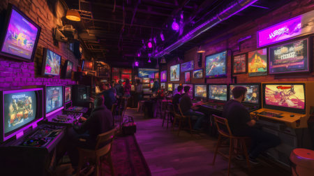 People enjoying retro gaming in a vibrant, neon lit basement arcade, featuring classic CRT TVs and a nostalgic atmosphereの素材
