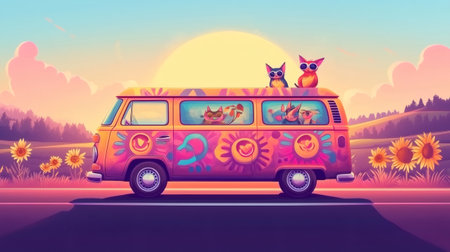 Colorful camper van with hippie decoration traveling on a scenic road with funny animals at sunsetの素材