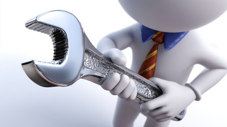 A person dressed in formal attire confidently holds an adjustable wrench, demonstrating readiness for repairs. The focus is on the tool and the individual's demeanor, indicative of expertise.の素材