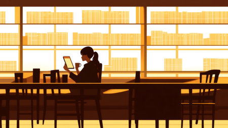 Silhouette of woman drinking coffee and using digital tablet in cozy cafe with large bookshelves in backgroundの素材