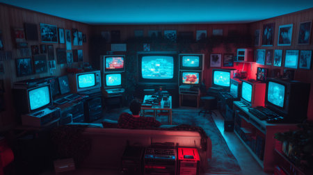 Man sitting on sofa playing videogames in a vintage style gaming room full of CRT televisions and old computersの素材