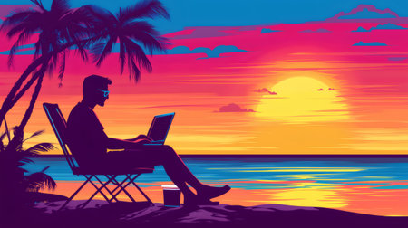 Freelancer working remotely on the beach at sunset, enjoying work life balanceの素材