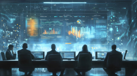 Business executives analyzing graphs and charts on a digital screen in a high tech control roomの素材