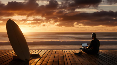 Freelancer working remotely on a wooden deck by the ocean at sunset with his surfboard and laptopの素材