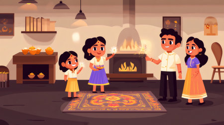 Family celebrating Diwali at home, holding fireworks and diyas, in a traditionally decorated roomの素材