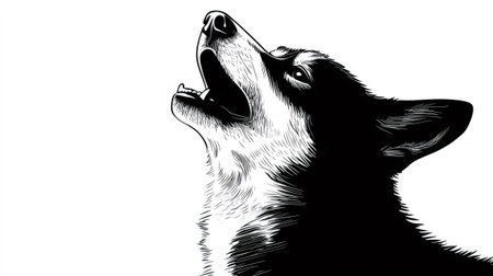 Stylized vector portrait of a howling husky dog, black and white illustration on white backgroundの素材