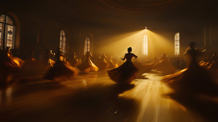 Group of whirling dervishes performing cham dance inside a large hall with golden light and motion blurの素材
