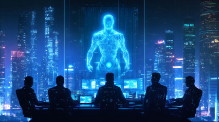 Businesspeople are working with futuristic interface showing virtual human body in a modern office overlooking night cityscapeの素材