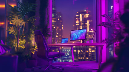 High tech ergonomic workstation featuring computer and laptop displaying code in a neon lit room with plants and a view of the city at nightの素材