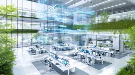 Futuristic office environment showcasing a harmonious blend of greenery and cutting edge technology, promoting a sustainable and productive workspaceの素材