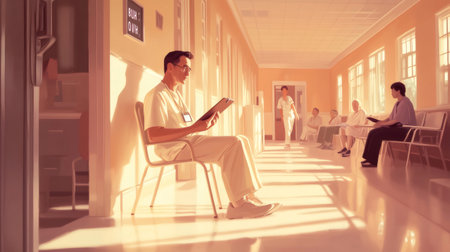 Doctor reviewing patient information on clipboard in busy hospital waiting areaの素材