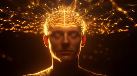 Visualization of human brain activity with glowing network connections surrounding a man with closed eyesの素材