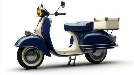 Vintage blue and white scooter with a beige top case on a white background, evoking a sense of nostalgia and timeless styleの素材