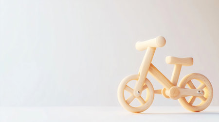 Charming miniature wooden balance bike is presented on a pristine white surface, offering ample copy space for text or design elementsの素材