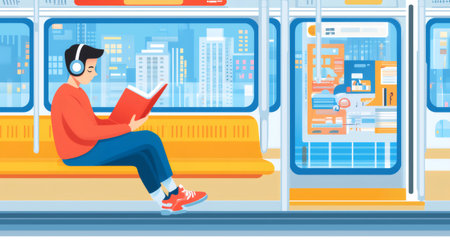 Passenger enjoying his commute on a quiet train car by reading a book and listening to music with headphonesの素材