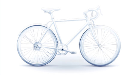 Minimalist white road bike standing on a white background, ideal for cycling and sports conceptsの素材