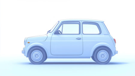 Cartoon representation of a light blue vintage car parked on a white background, showcasing a minimalist and sleek designの素材