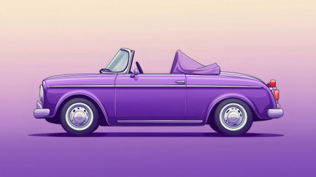 Side view of a purple cartoon convertible with folded soft top, parked on a purple and cream backgroundの素材