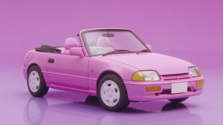 Pink cartoon convertible parked on a purple background representing summer vibes, travel and freedomの素材