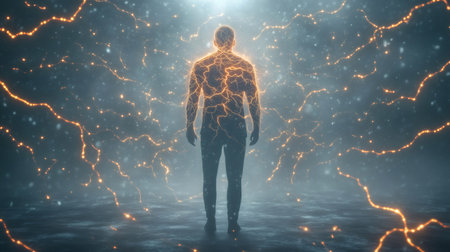 Surreal vision of a man experiencing anxiety as chaotic energy flows through his body, representing mental health challengesの素材