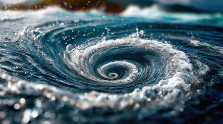A powerful water vortex spins dramatically, sending waves crashing outward. The vibrant blue ocean reflects sunlight, enhancing the scene's captivating beauty amidst serene surroundings.の素材