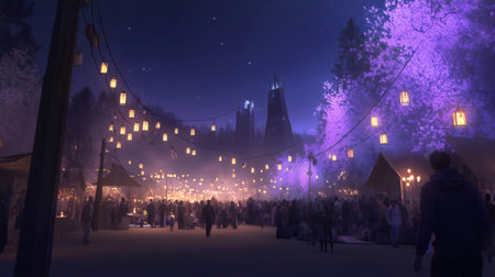 People attending an evening festival with hanging lanterns, illuminated trees, and futuristic towers in the backgroundの素材