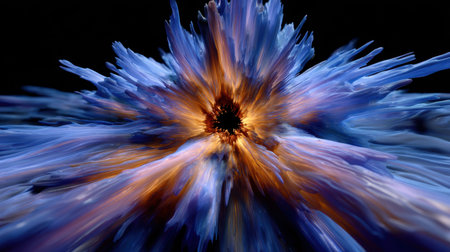 Vibrant colors blend harmoniously in this abstract design, showcasing a central explosion of energy that radiates outgoing tendrils. The image captures a dynamic flow of artistic expression.の素材