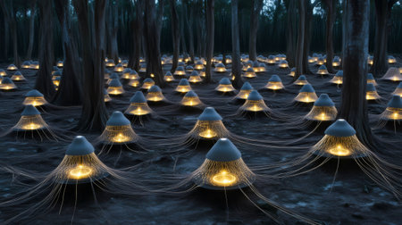 Fiber optic lamps shaped like mushrooms glowing in a dark forest at night, creating a magical and mysterious atmosphereの素材