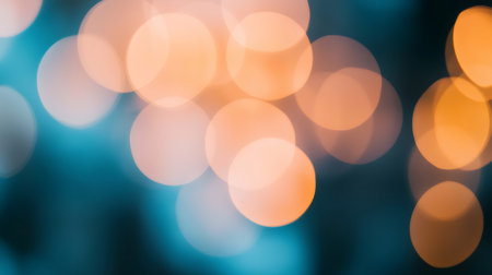 Abstract blurred bokeh lights creating a magical orange and teal background, perfect for festive designsの素材