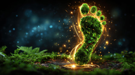 A vibrant footprint made of moss and leaves glows with radiant energy, symbolizing environmental awareness and sustainability, surrounded by a serene forest backdrop as evening falls.の素材