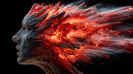 A sculpted figureâs head is depicted as erupting with fiery, molten energy, representing a powerful clash of creation and destruction. The vivid colors contrast against a dark background.の素材