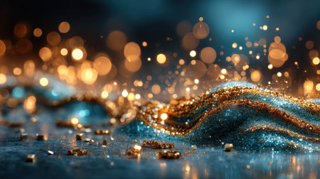 Vibrant blue and gold textures blend together, creating an enchanting scene of shimmering particles and glistening reflections that captivate the viewer's attention.の素材
