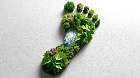 A striking depiction blends an oversized footprint with vibrant greenery and the earth, emphasizing the importance of environmental awareness and sustainability in today's world.の素材